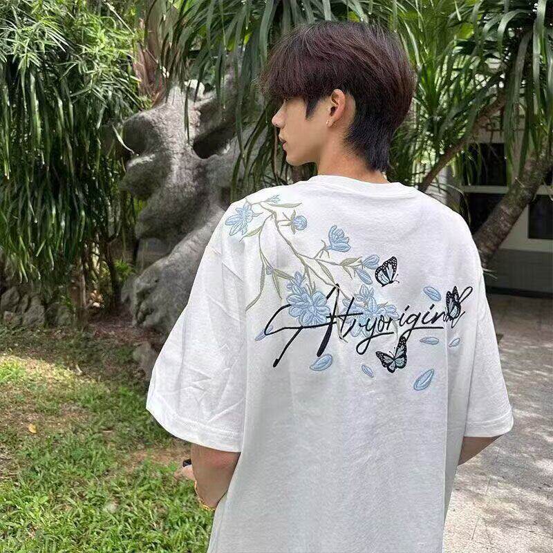 美式高街花卉刺绣短袖t恤男装夏季宽松情侣装潮牌ins纯棉蝴蝶上衣