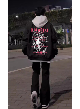 国潮美式印花蜘蛛飞行夹克黑色棒球服男女春秋季宽松拉炼百搭外套