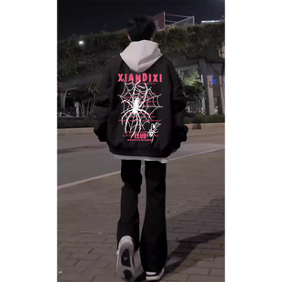 国潮美式印花蜘蛛飞行夹克黑色棒球服男女春秋季宽松拉炼百搭外套