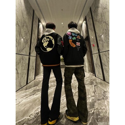 美式秋冬新款徽章贴标黑八棒球服