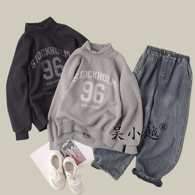 吴小越w1618男童加绒中领卫衣秋冬新款韩版宽松儿童上衣男孩冬装