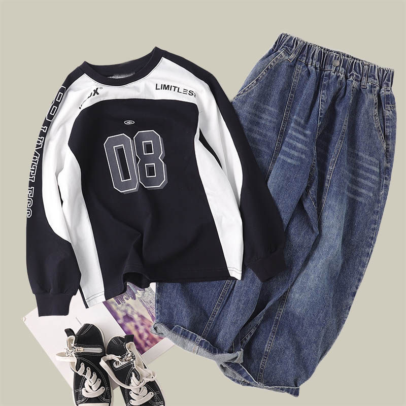 吴小越w1961男童圆领拼色数码印花打底衫春款年服韩版t恤中大童