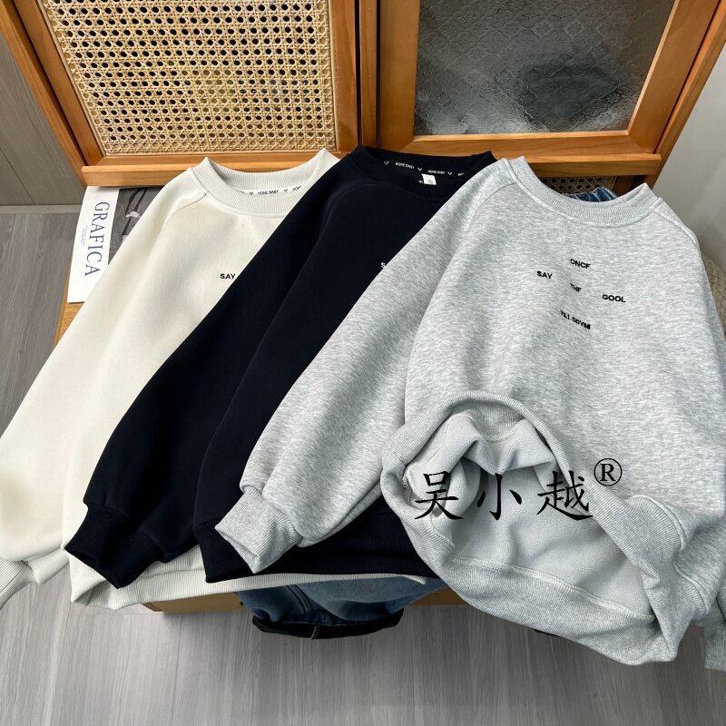 吴小越w2496男童加绒绣花卫衣秋冬新款韩版宽松儿童上衣男孩冬装
