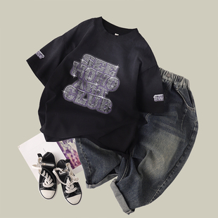 吴小越w966男童韩版工艺炒洗短袖T恤2025款上衣中大童痞帅风