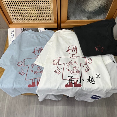 吴小越w2292男童夏款火柴人圆领韩版无感数码印花棉t恤短袖中大童
