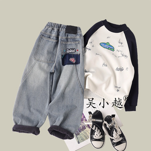 长裤 吴小越w1801男童加绒牛仔裤 韩版 刺绣痞帅男孩冬新款 冬款
