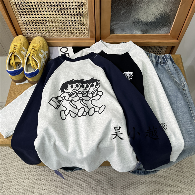 吴小越w1720男童圆领打底衫冬款宽松韩版数码印花绒感t恤中大童