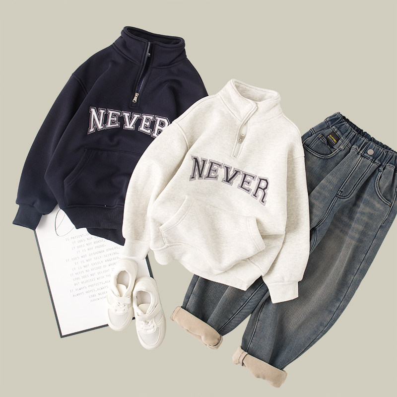 吴小越w869男童加绒印花卫衣秋冬新款韩版宽松儿童上衣男孩冬装潮