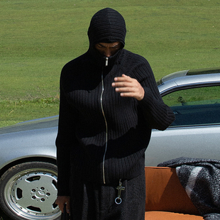 战术直拉毛衣开衫 2025秋忍者半封连帽拉链坑条插肩袖 DARKNESS