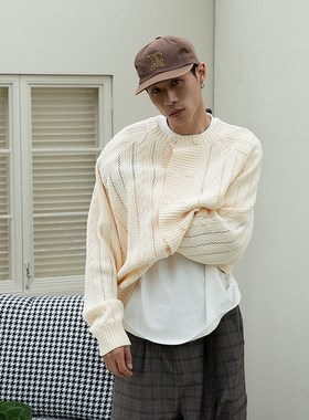 OD/ORANGEDRAGON 2025秋复古绞花拼镂空插肩袖双排扣针织开衫毛衣