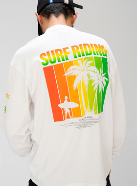 OD/ORANGEDRAGON2025秋海边日落冲浪全棉圆领休闲宽松落肩长袖T恤