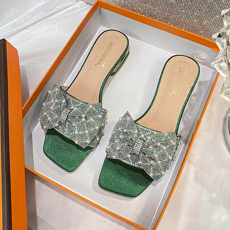 低跟防滑一字拖鞋女外穿2024夏季新款百搭大码女鞋蝴蝶结水钻凉拖