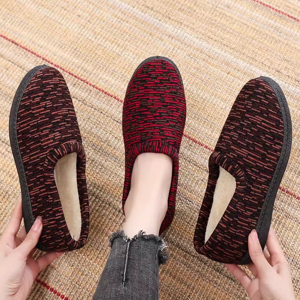 新冬季条纹女包跟室内防滑舒适可爱加厚居家毛绒韩版休闲鞋子低帮