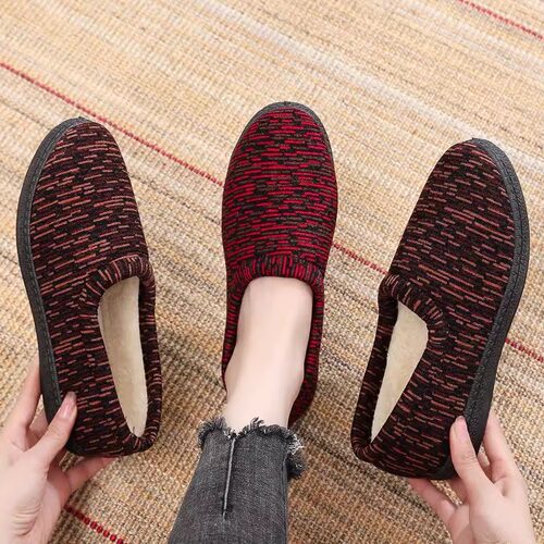 新冬季条纹女包跟室内防滑舒适可爱加厚居家毛绒韩版休闲鞋子低帮