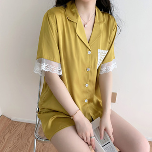 薄款 蕾丝甜美纯色短袖 性感睡衣女夏季 韩版 短裤 简约家居服两件套装