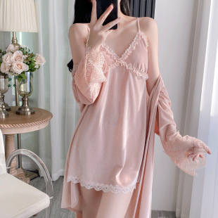 性感睡衣女款金丝绒秋冬季带胸垫吊带睡裙浴袍睡袍两件套装家居服