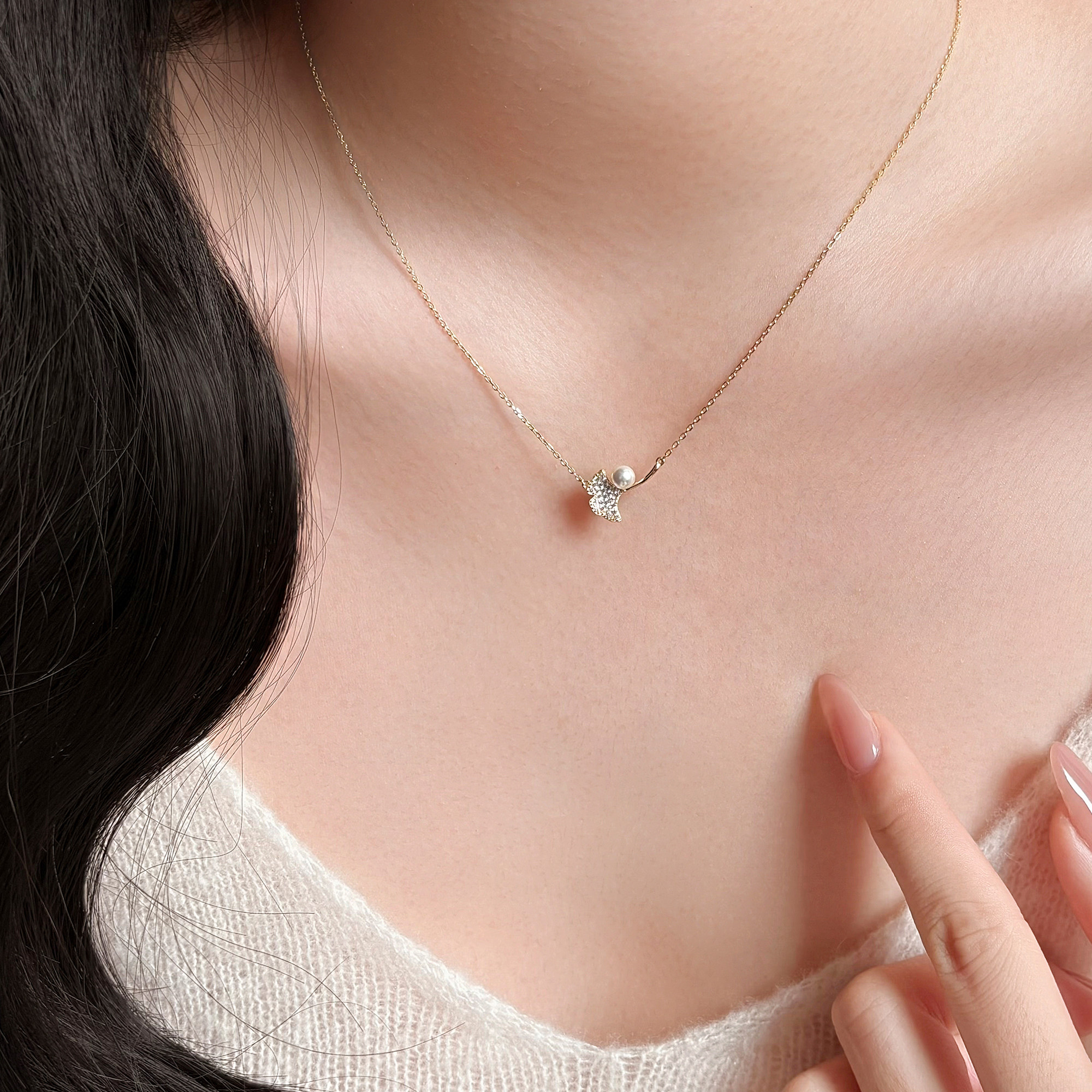 小杏运/925银满钻银杏叶珍珠项链