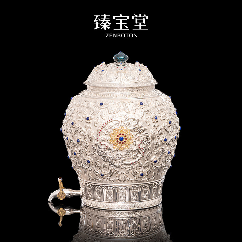 臻宝堂水缸9999纯银储水罐纯手工浮雕吉祥纹净水蓄水茶缸带水龙头