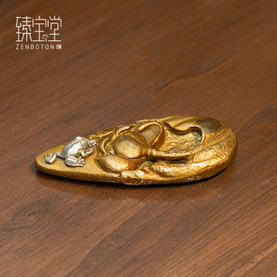 臻宝堂茶搁纯手工雕刻采莲茶枕镇纸铜制茶匙架文房臂搁茶具小配件