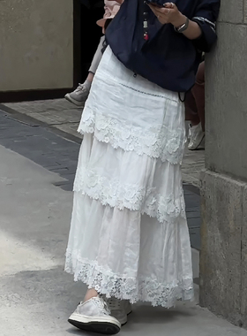 法式复古白色蕾丝层次感半身裙女2025夏季新款高级感长款a字伞裙
