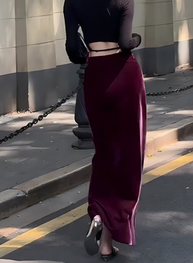 紫色丝绒高级优雅半身裙2024秋冬新款垂感简约名媛风大码宽松长裙