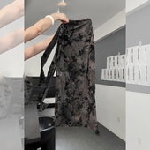 复古时尚 国风灰色印花绑带垂感半身裙女2025夏季 新款 高级气质长裙