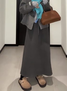 灰色抽绳遮跨显瘦休闲半身裙女秋冬新款辣妹百搭直筒一步中长裙子