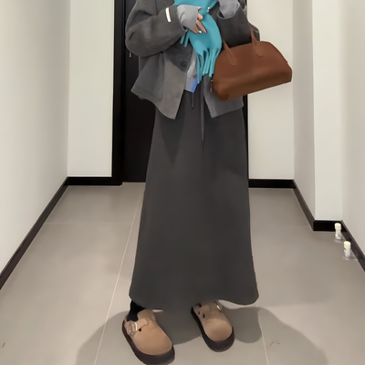 灰色抽绳遮跨显瘦休闲半身裙女秋冬新款辣妹百搭直筒一步中长裙子