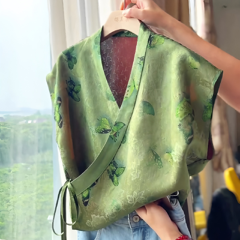 新中式国风绿色提花蝴蝶小茶服女2025夏季新款轻奢复古高级感上衣