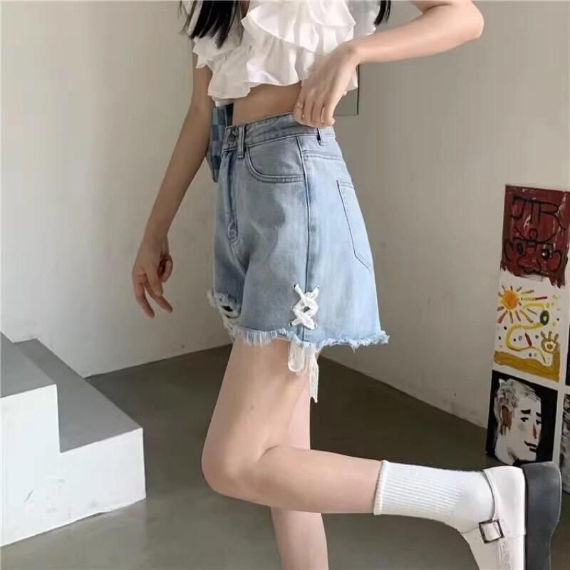 女辣妹短裤夏季新款臀牛仔修身高腰裤子腿阔字显瘦裤包A甜美系带