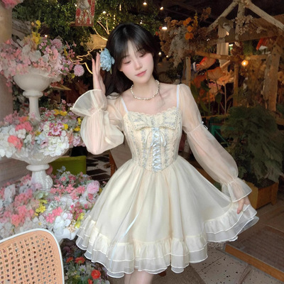 Blovelan春川聆风 甜美公主裙法式复古蕾丝边绣花收腰绑带连衣裙