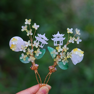 金秋八月桂花琉璃钗头饰十二花神桂花花神旗袍后脑勺头饰汉服配饰