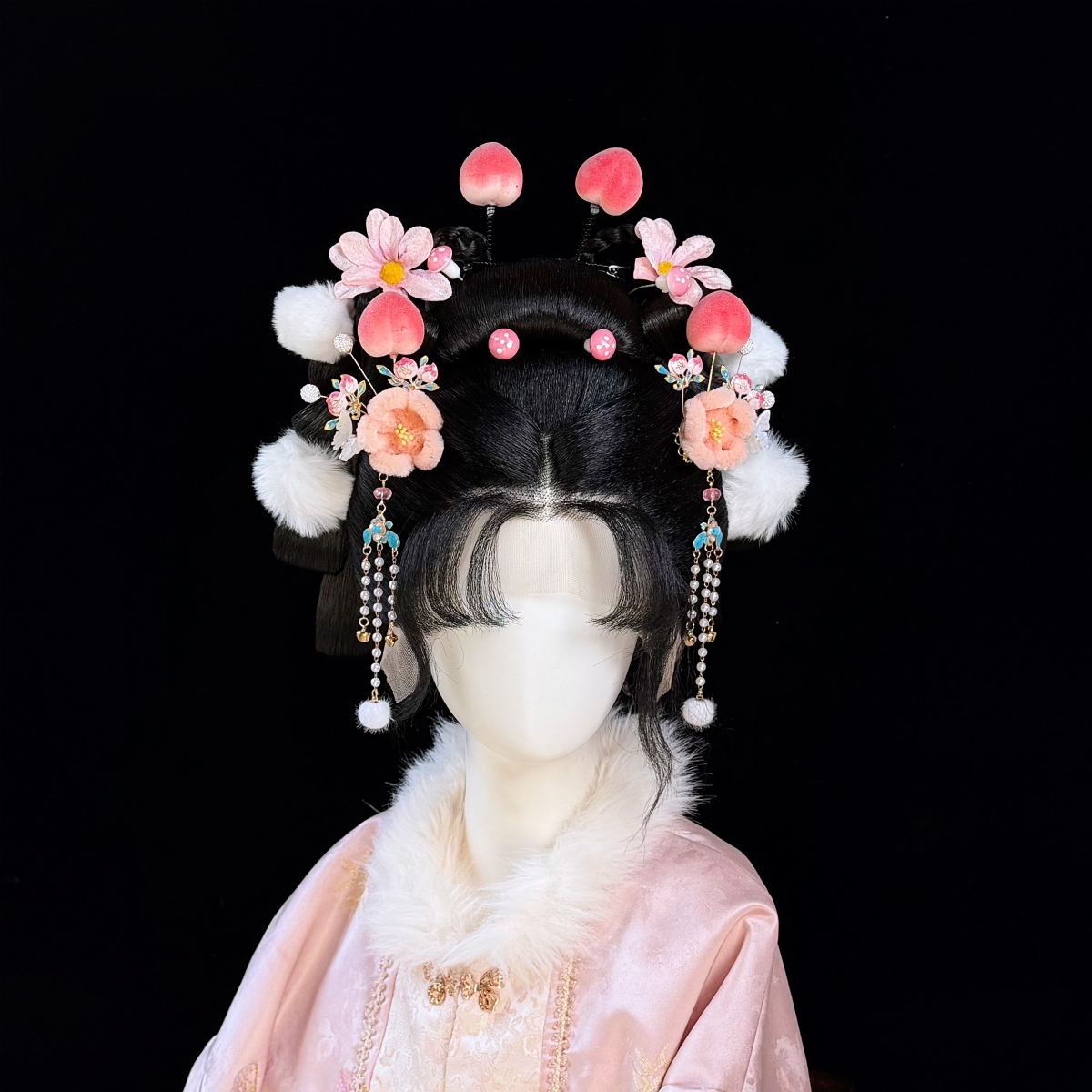 甜美唐风仿绒花桃子汉服头饰套装