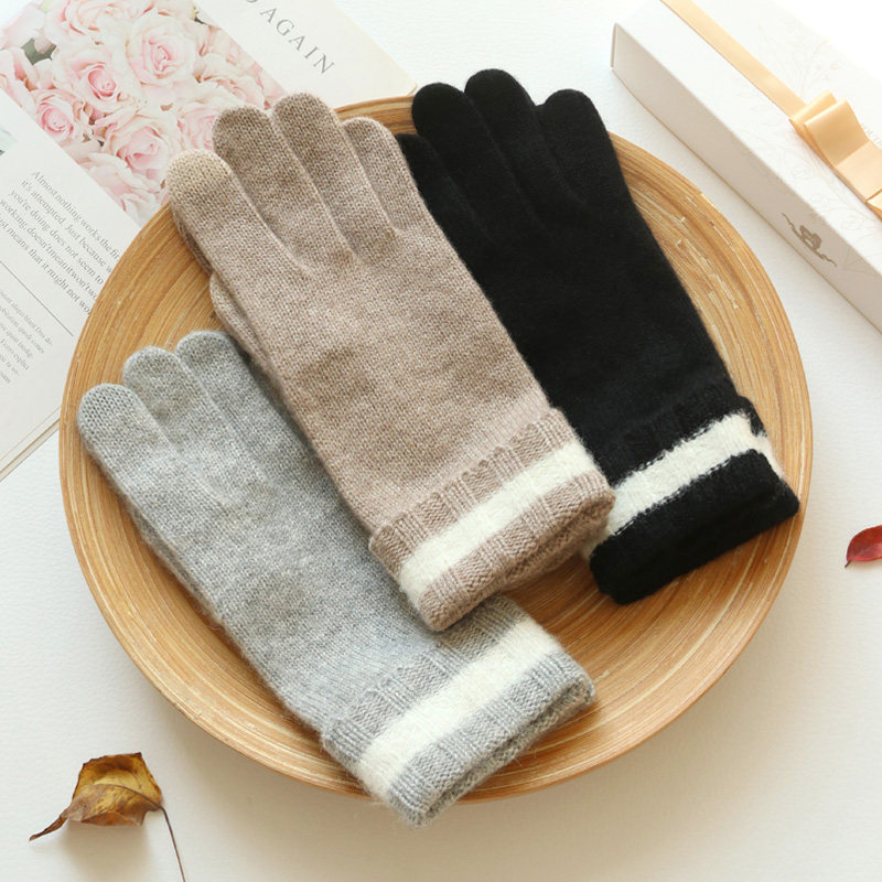 秋冬保暖防寒100%纯山羊绒触屏手套女士全指针织防寒韩版条纹装饰