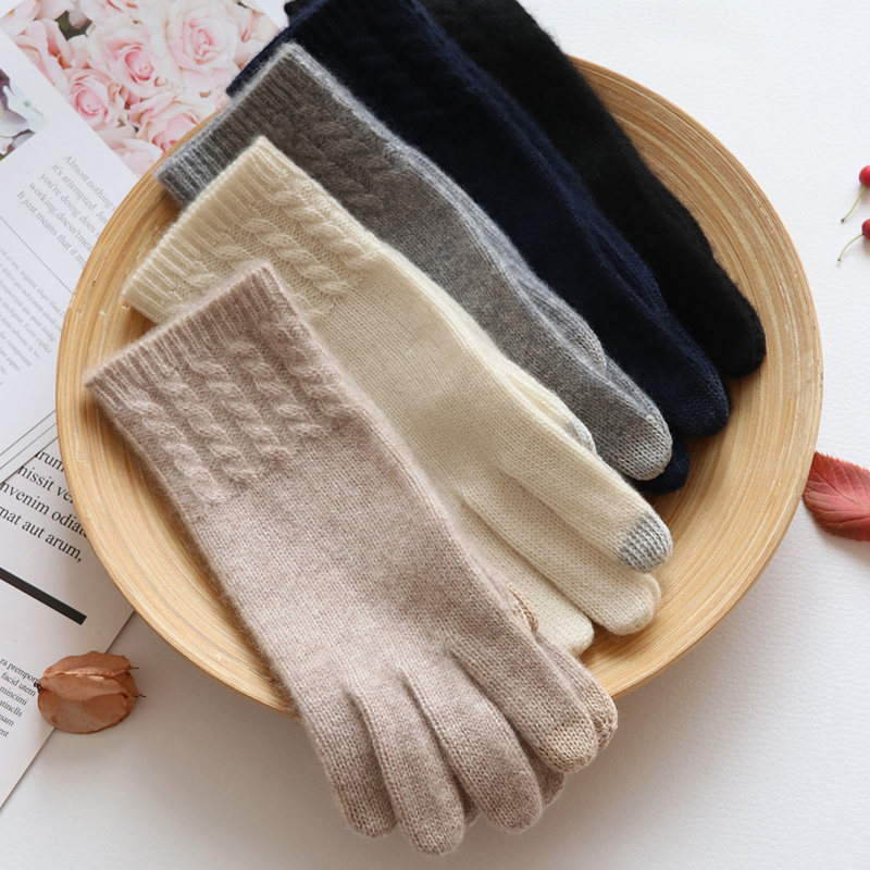 秋冬季新款女士保暖防寒简洁触屏触控韩版100%纯山羊绒针织手套冬