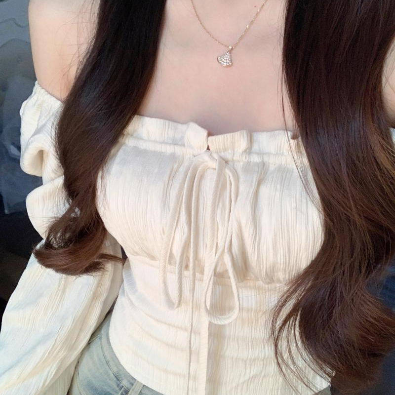 甜美纯欲风辣妹春秋季白色一字领修身显瘦百搭衬衫泡泡袖短款上衣