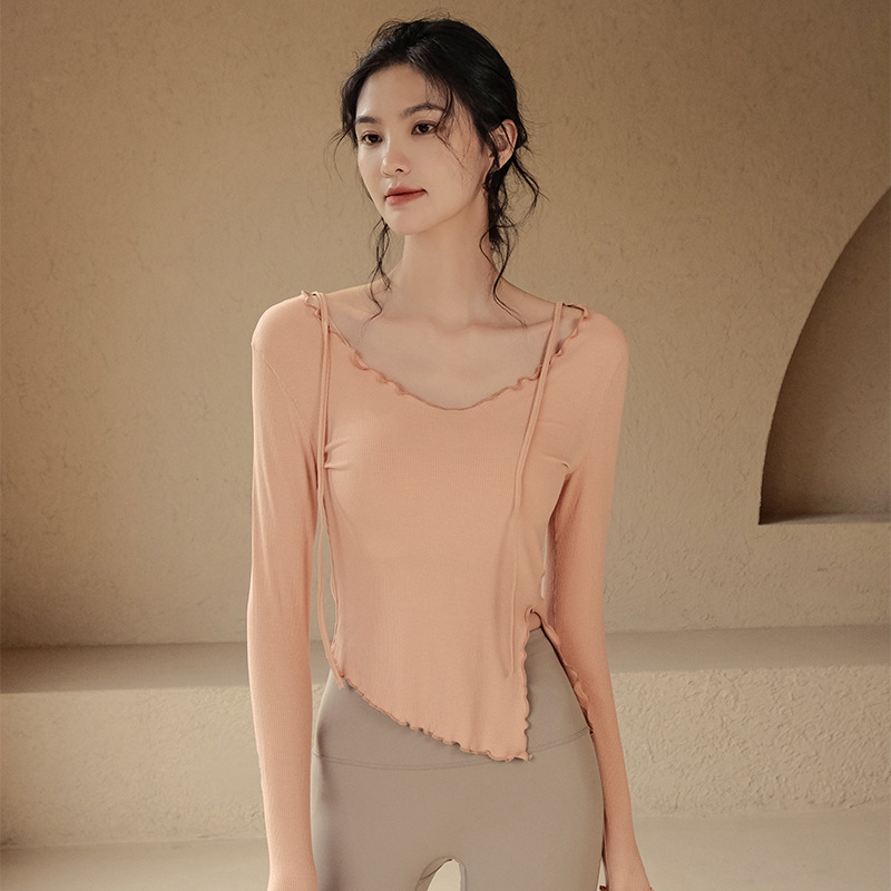 新款秋冬健身服女速干运动上衣木耳边长袖T恤外穿显瘦弹力瑜伽服