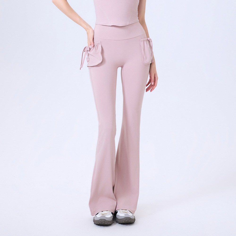 甜美高腰双口袋显瘦喇叭裤长裤修身瑜伽裤女提臀跑步运动健身裤