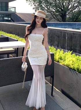 白色蕾丝吊带连衣裙女夏季小个子网纱拼接修身性感包臀鱼尾长裙子