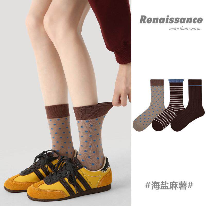 Renaissance原创女袜秋冬袜子拼色条纹花边点中袜波公主筒新款女