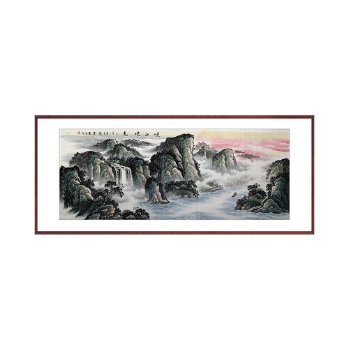 手绘山水国画中式客厅酒店背景墙挂画聚财风水办公室装饰峡江晓色