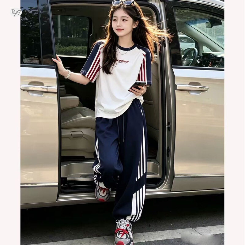 十岁女童运动套装夏季韩版短袖阔腿裤直筒裤一大一小儿童姐妹装女