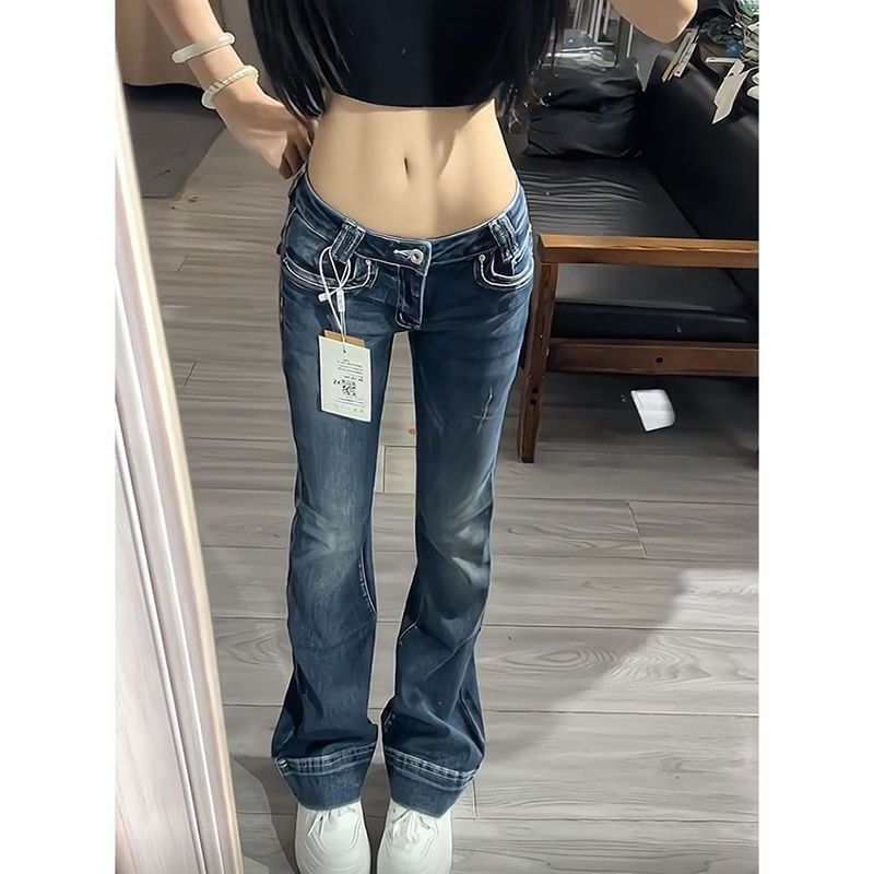 小个子微喇低腰拖地牛仔裤女