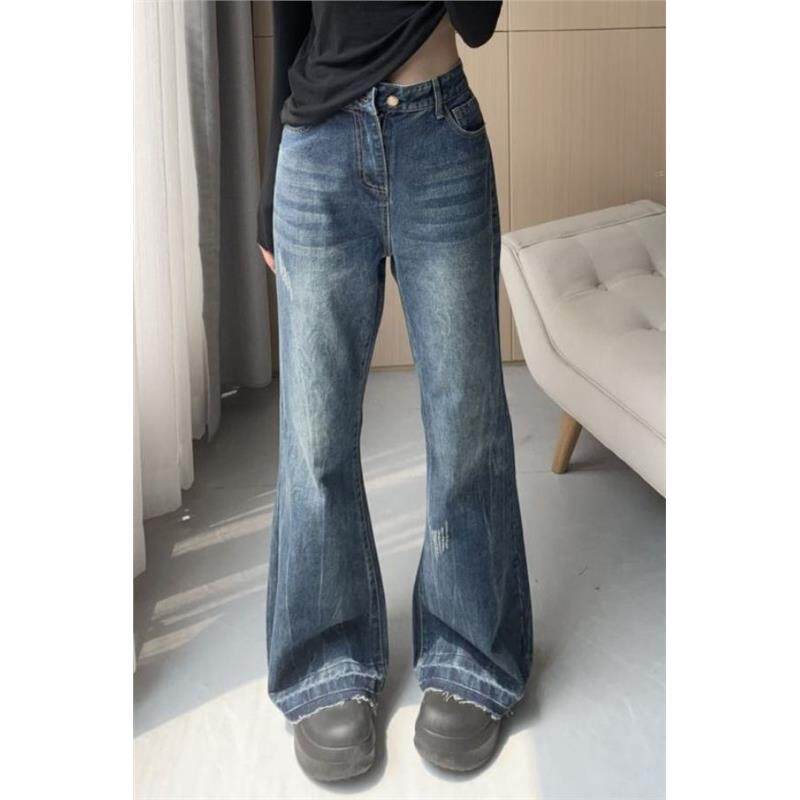 145小个子美式微喇牛仔高腰新款休闲直筒时尚宽松显瘦喇叭拖地裤