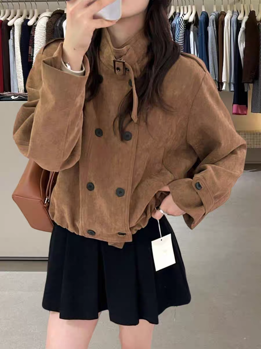 加绒加厚双排扣鹿皮绒夹克外套女冬季新款帅气立领保暖短款风衣潮