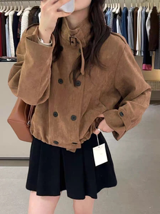 加绒加厚双排扣鹿皮绒夹克外套女冬季新款帅气立领保暖短款风衣潮