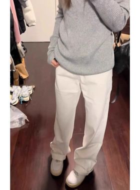 UNITY白色窄版阔腿牛仔裤女春秋2024新款高腰垂感高级感直筒裤