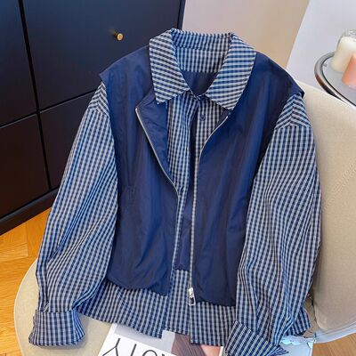 韩系格子拼接马甲假两件衬衫女