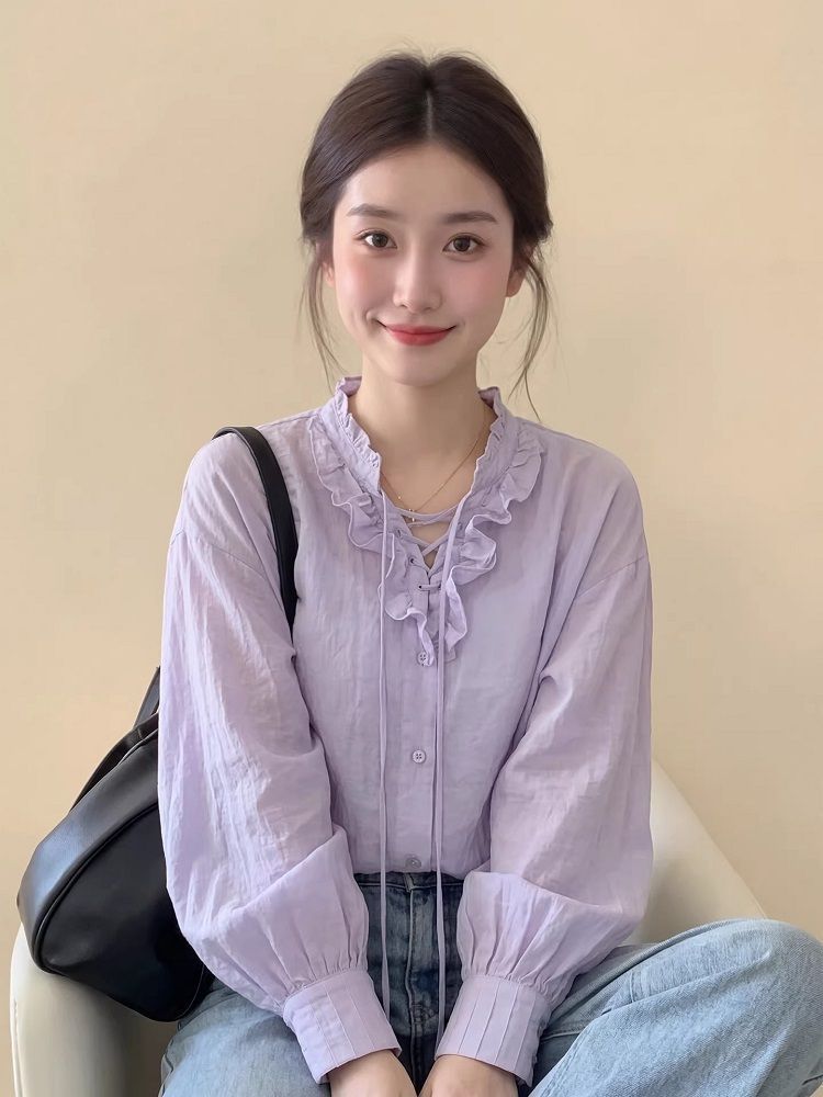 紫色荷叶边系带长袖衬衫女减龄