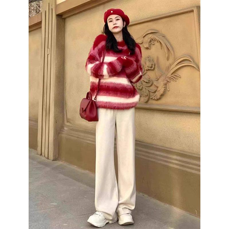 撞色条纹红色毛衣女2025